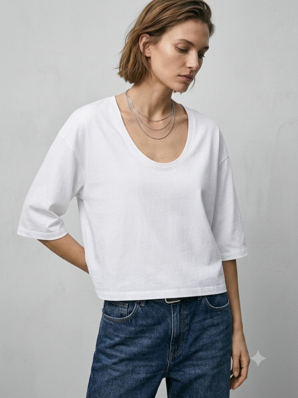 Massimo Dutti White Scoop Neck Boxy Tee Shirt Size L Made in Portugal